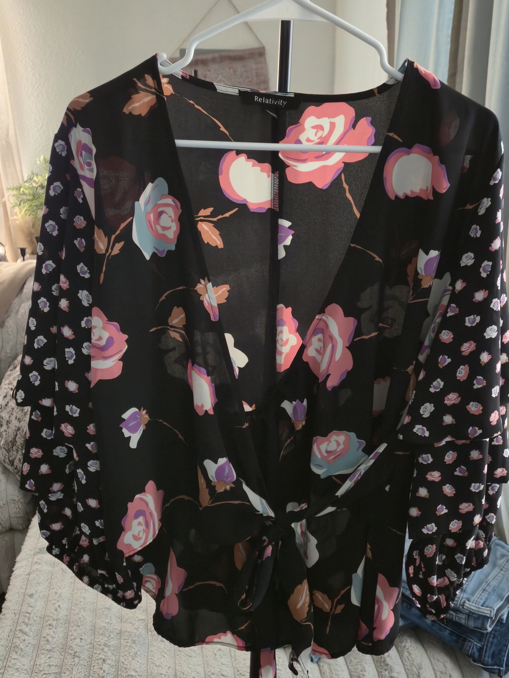 Relativity Black Floral Wrap Top with Pink and Blue Roses